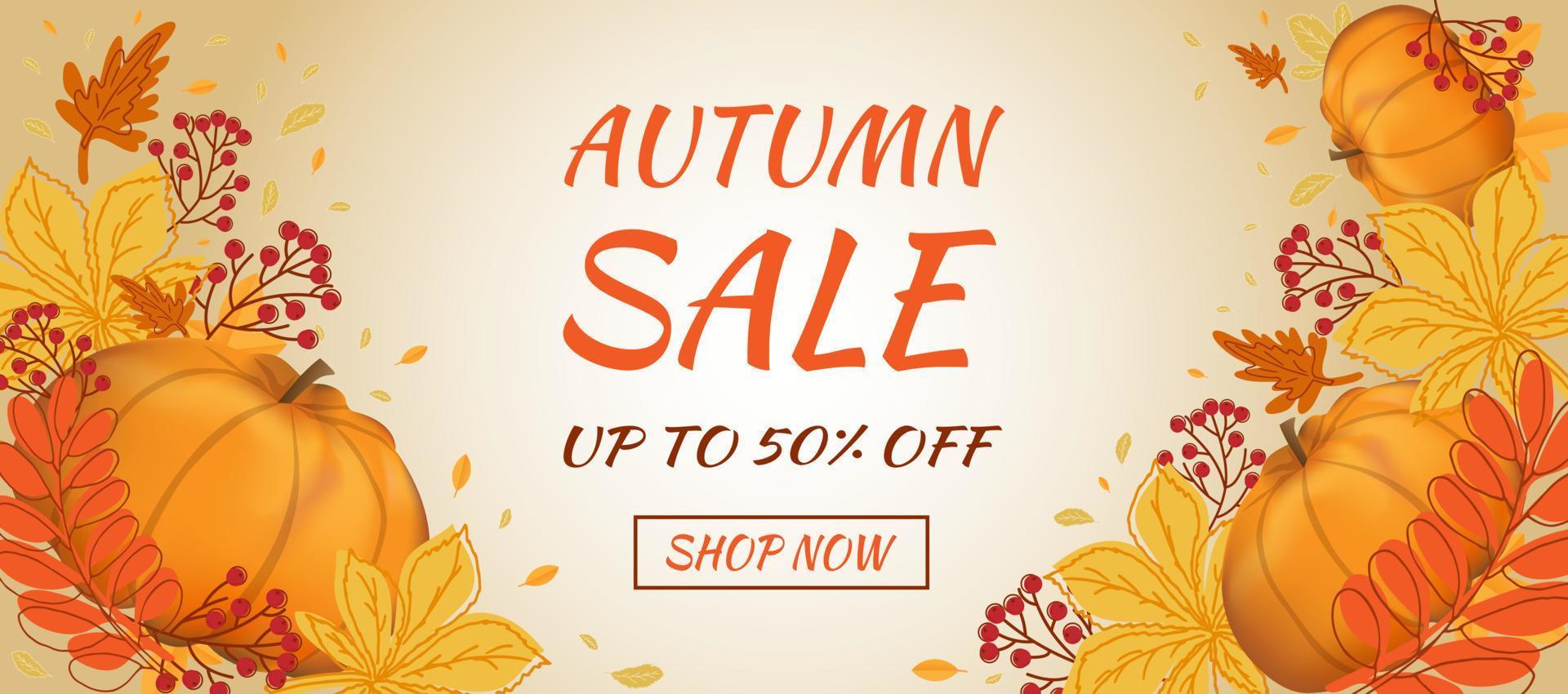 banner de venta de otoño. Hola otoño. hojas de otoño, calabaza y bayas de serbal. vector