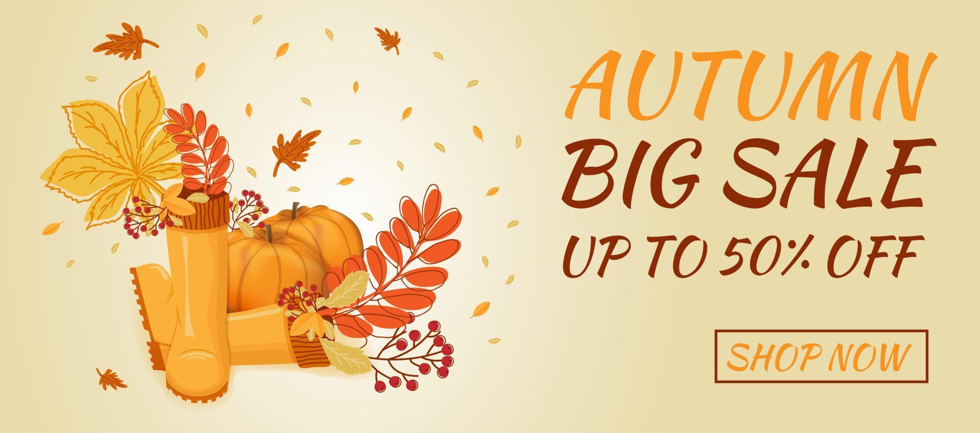 Autumn sale banner. Hello autumn. Rubber boots with autumn leaves, pumpkins. vector