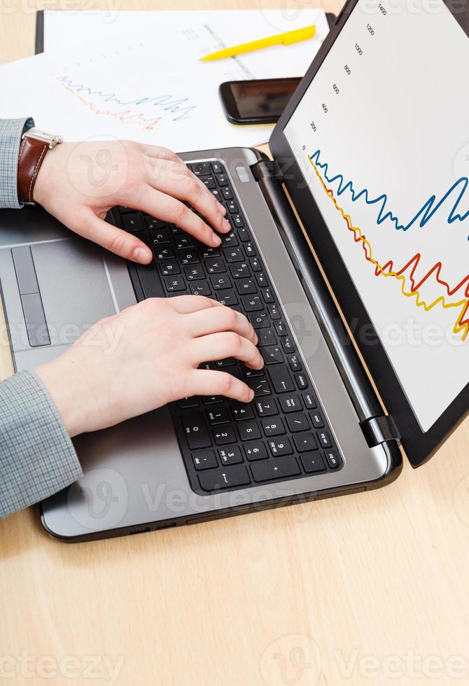working with laptop and graph on screen at desk photo