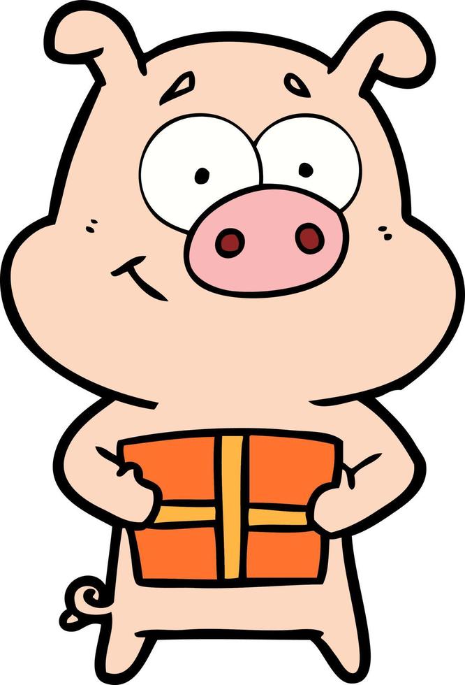 happy cartoon pig holding christmas present vector