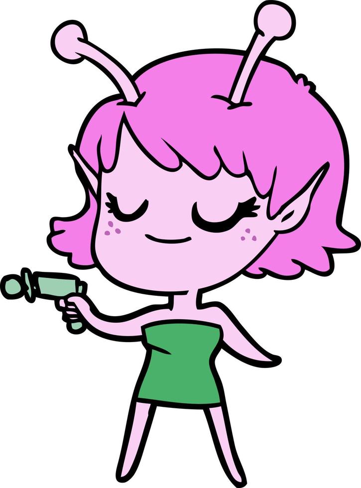 Sonriente niña alienígena dibujos animados apuntando pistola de rayos vector