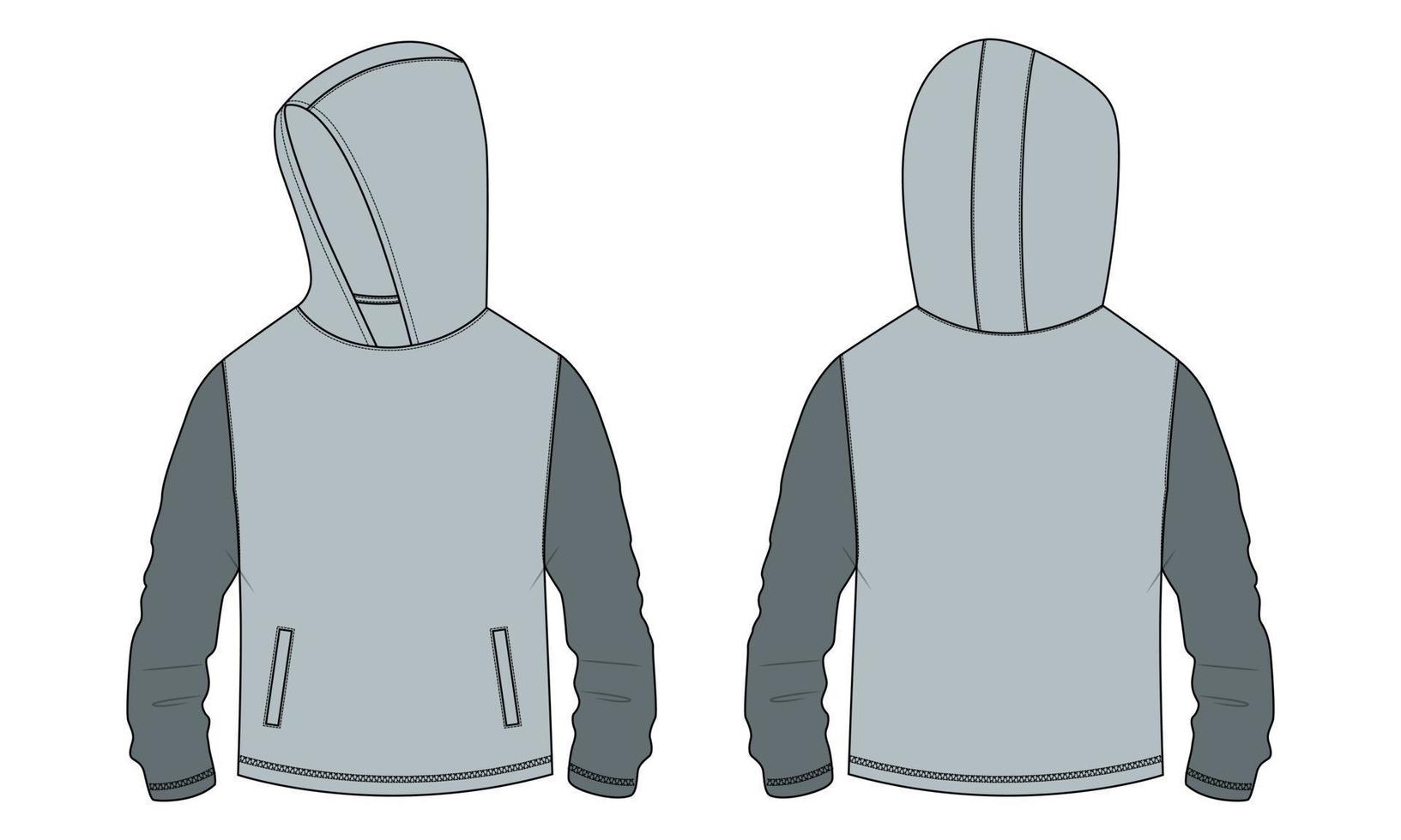 sudadera con capucha de manga larga con cremallera vista frontal y trasera de la plantilla de dibujo técnico de moda. ropa vestido diseño ilustración vectorial maqueta chaqueta cad. vector