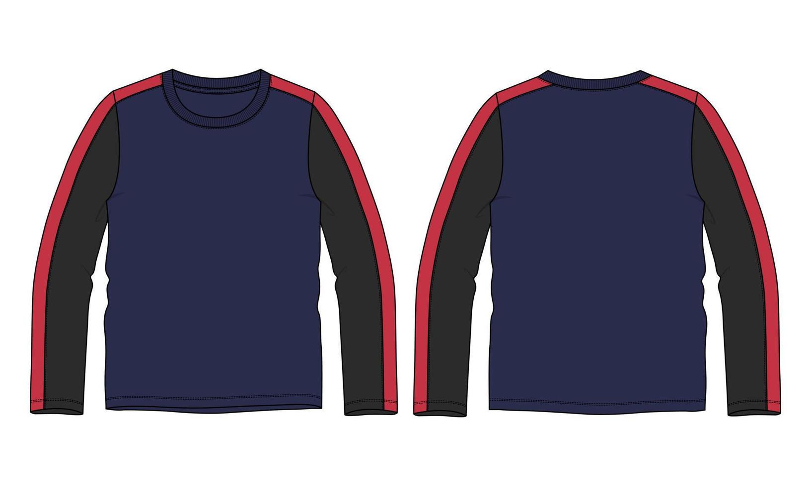 Long sleeve round neck Technical Sketch flat fashion T-shirt front and back view . Apparel dress design CAD Mock up Vector Illustration template.