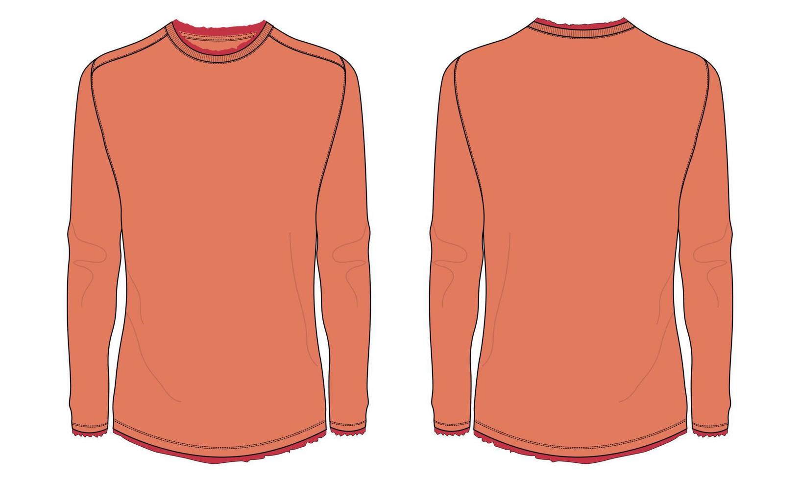 Long sleeve with round style coller basic t shirt technical fashion flat sketch vector template.