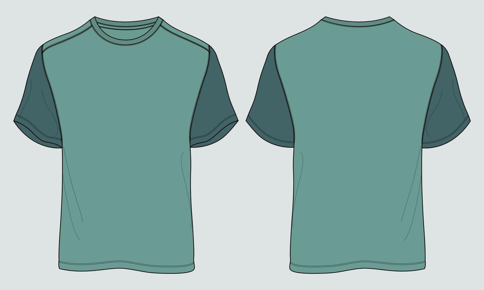 Camiseta de manga corta de corte regular con dibujo técnico de moda con plantilla plana con escote redondo en la parte delantera y trasera. dibujo de arte de ropa ilustración vectorial maqueta de diseño básico de ropa. vector