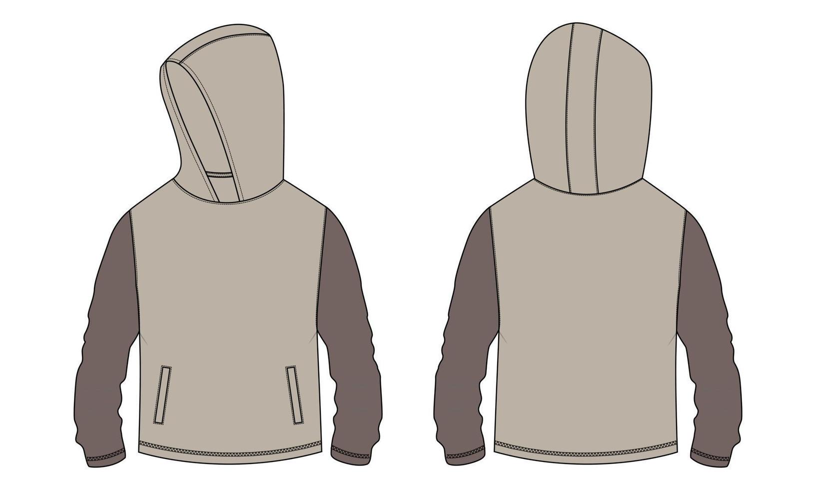 Long sleeve hoodie With zipper and pocket Technical fashion flat sketch vector illustration template Front and back views. Clothing sweater jacket Mock up Cad.