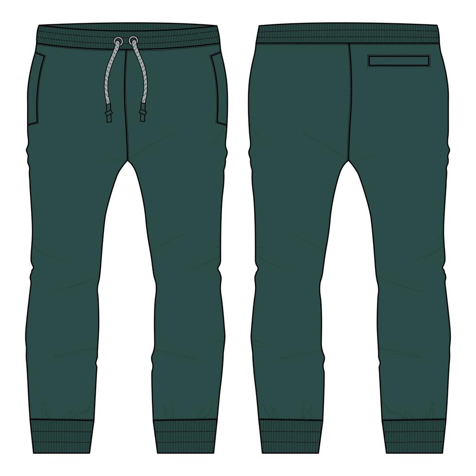 Fleece fabric Jogger Sweatpants overall technical fashion flat sketch vector illustration template front, back views. Apparel Clothing Design Mock up Cad.