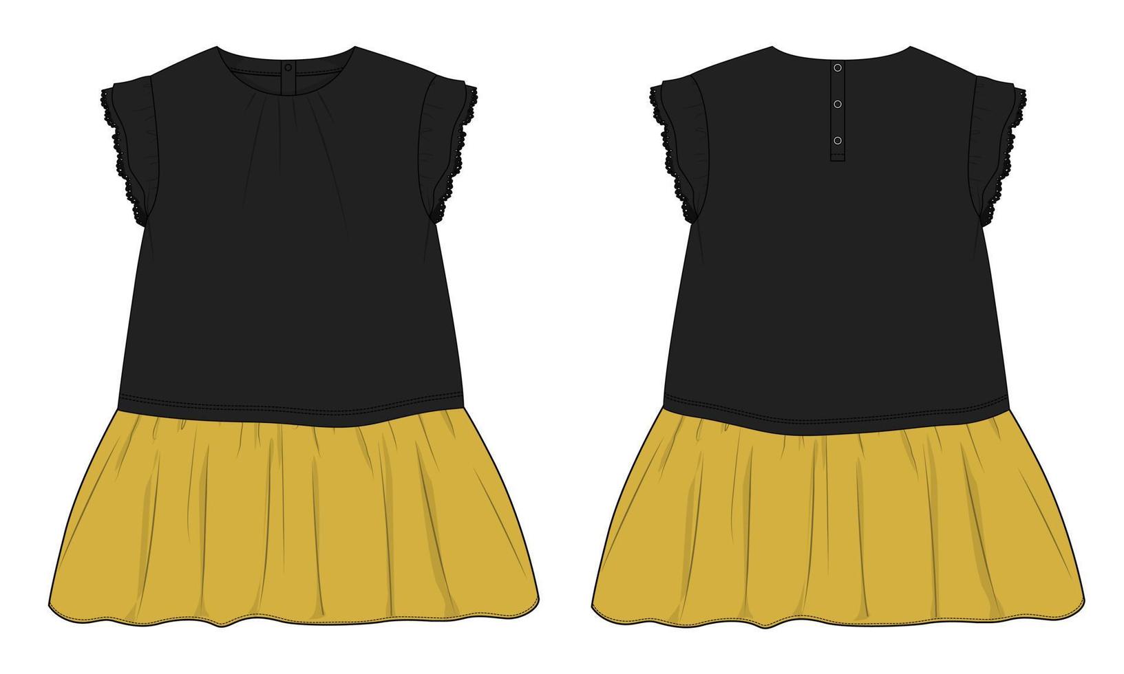 Baby girls dress design technical Flat sketch vector illustration template. Apparel clothing Mock up front and back views Isolated on Grey Background. Kids Fashion vector Art drawing easy editable.