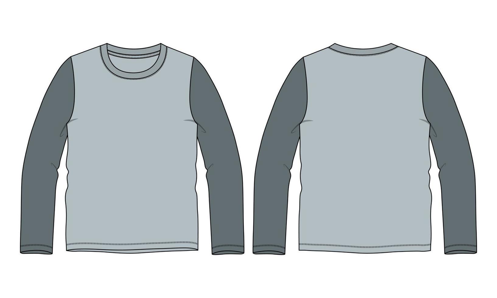 Long sleeve round neck Technical Sketch flat fashion T-shirt front and back view . Apparel dress design CAD Mock up Vector Illustration template.