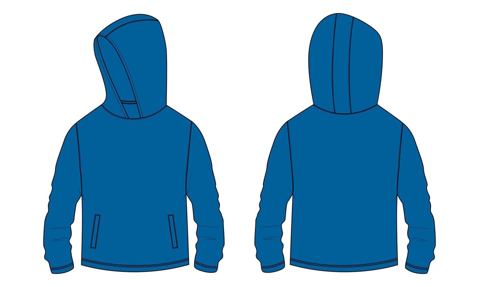 sudadera con capucha de manga larga con cremallera vista frontal y trasera de la plantilla de dibujo técnico de moda. ropa vestido diseño ilustración vectorial maqueta chaqueta cad. vector