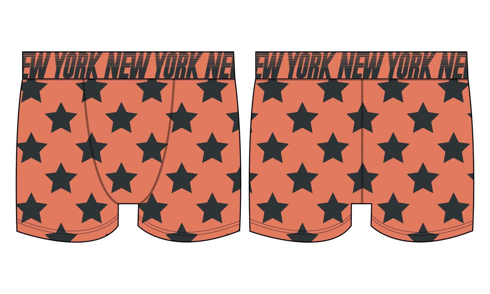 Male underwear boxers shorts With All over Star Print Technical Fashion flat sketch vector illustration template front and back views.