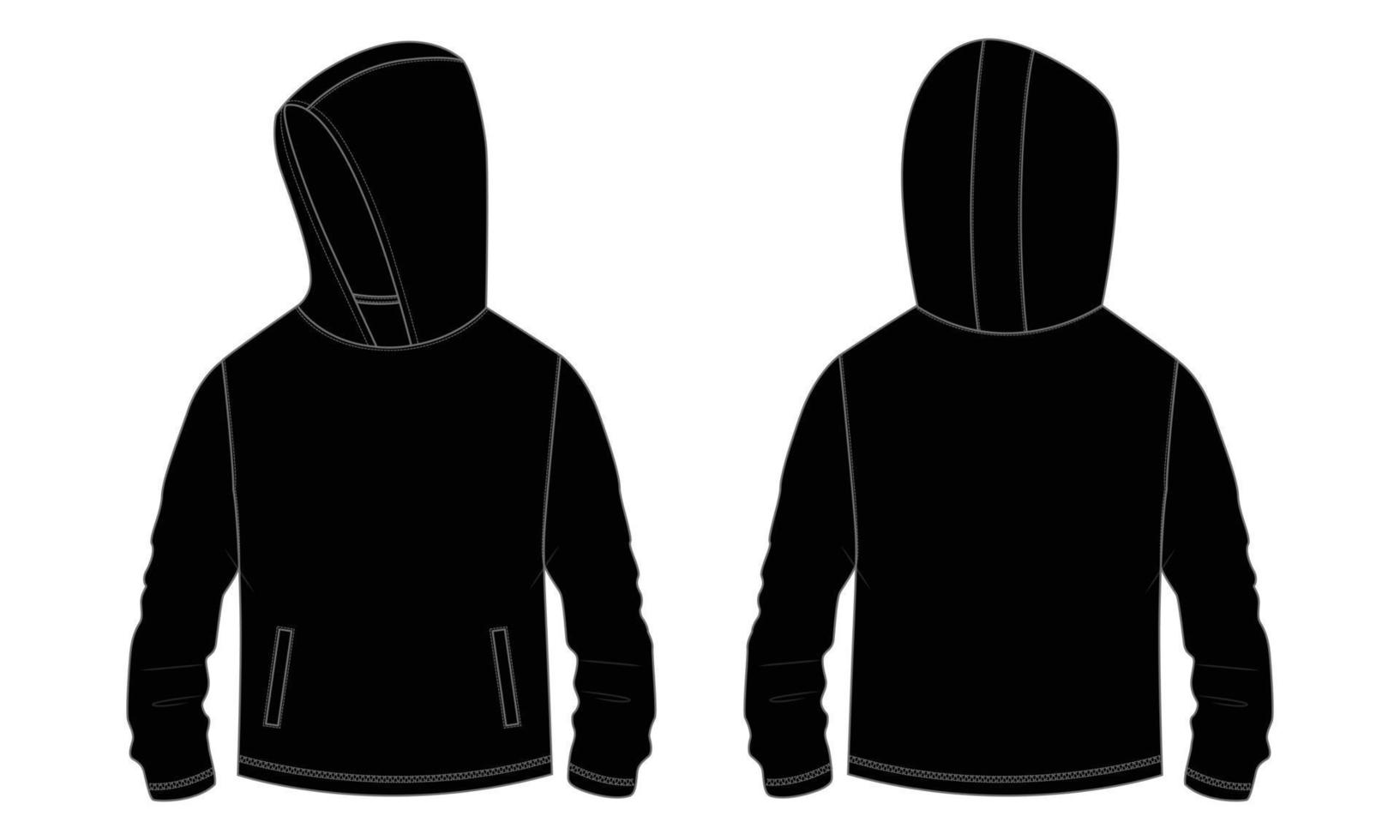 Long sleeve hoodie with Zipper technical fashion Drawing sketch template front and back view. apparel dress design vector illustration mock up jacket CAD.