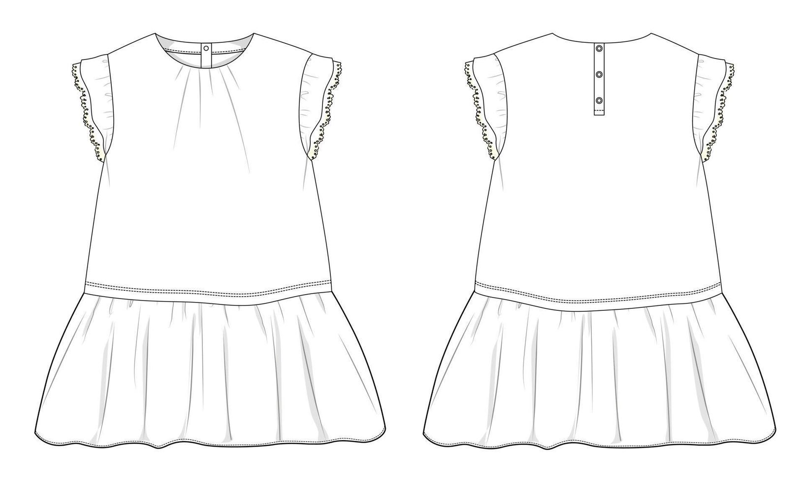 Baby girls dress design technical Flat sketch vector illustration template. Apparel clothing Mock up front and back views Isolated on Grey Background. Kids Fashion vector Art drawing easy editable.