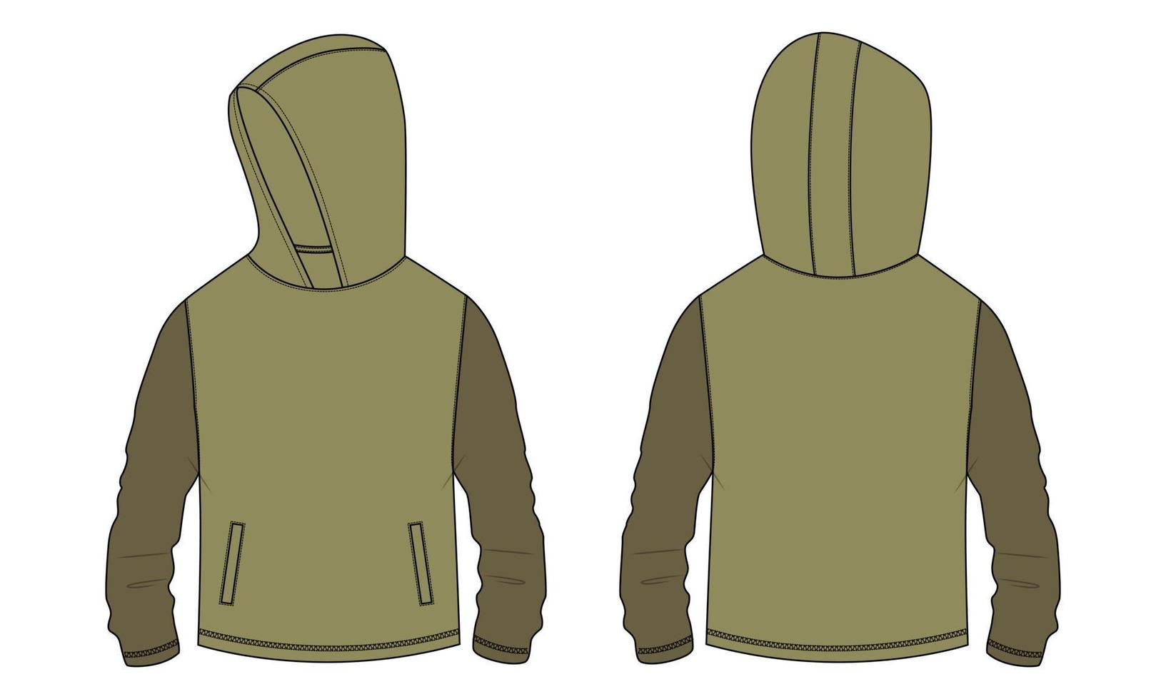 Long sleeve hoodie With zipper and pocket Technical fashion flat sketch vector illustration template Front and back views. Clothing sweater jacket Mock up Cad.