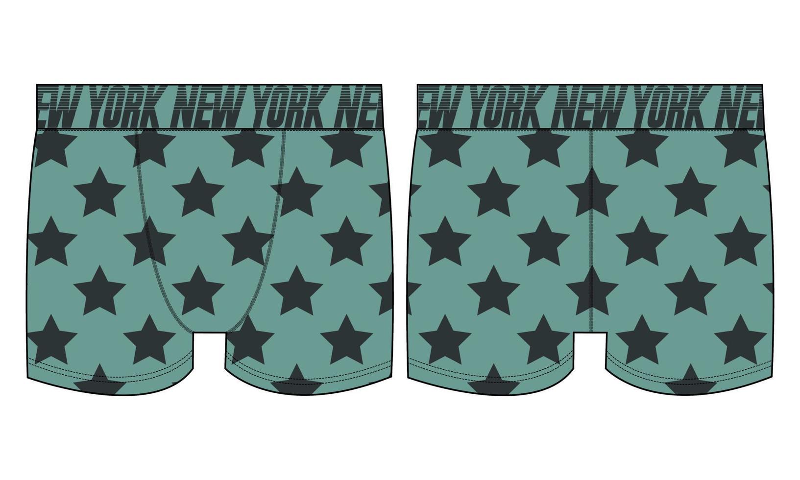 Male underwear boxers shorts With All over Star Print Technical Fashion flat sketch vector illustration template front and back views.