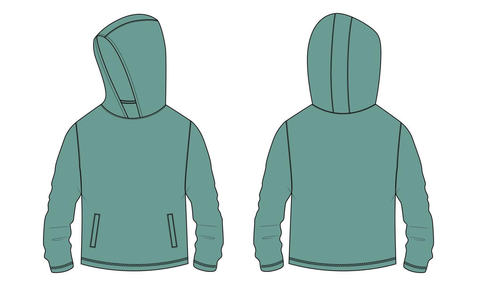 Long sleeve hoodie with Zipper technical fashion Drawing sketch template front and back view. apparel dress design vector illustration mock up jacket CAD.