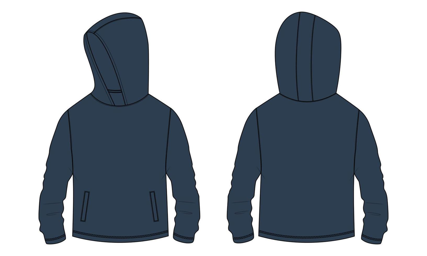 sudadera con capucha de manga larga con cremallera vista frontal y trasera de la plantilla de dibujo técnico de moda. ropa vestido diseño ilustración vectorial maqueta chaqueta cad. vector