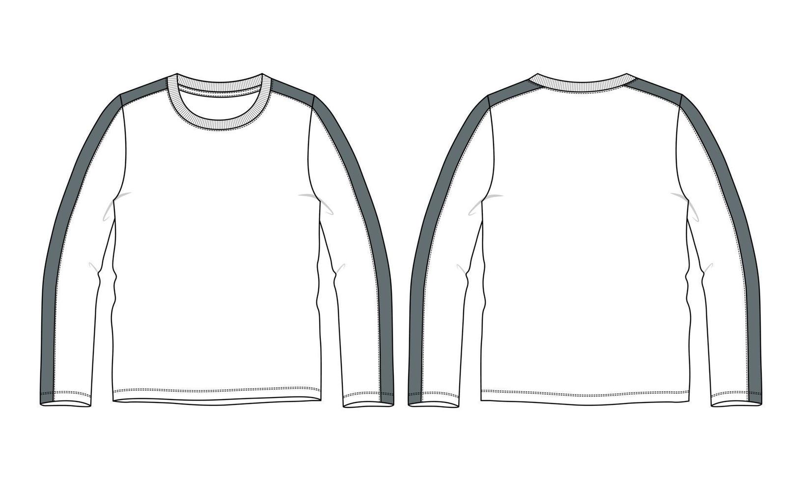 Vista frontal y trasera de la camiseta de moda plana con dibujo técnico de cuello redondo y manga larga. ropa vestido diseño cad maqueta vector ilustración plantilla.