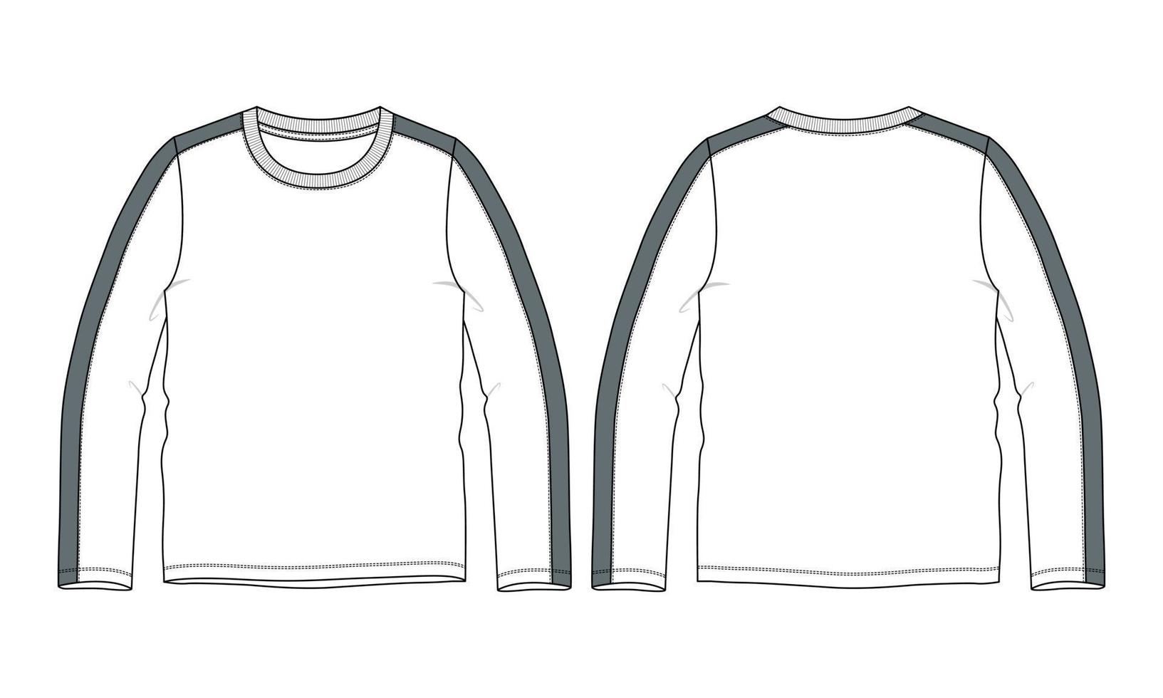 Long sleeve round neck Technical Sketch flat fashion T-shirt front and back view . Apparel dress design CAD Mock up Vector Illustration template.
