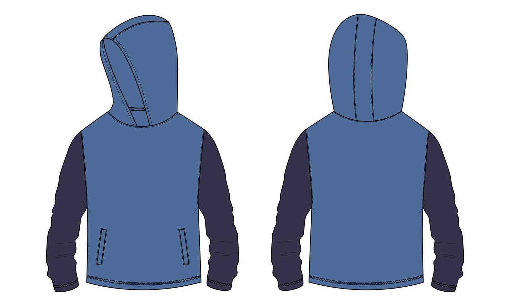 Long sleeve hoodie With zipper and pocket Technical fashion flat sketch vector illustration template Front and back views. Clothing sweater jacket Mock up Cad.