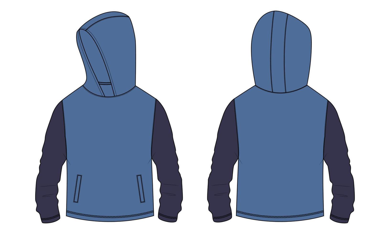 sudadera con capucha de manga larga con cremallera y bolsillo vista frontal y posterior de la plantilla de ilustración vectorial de boceto plano de moda técnica. ropa suéter chaqueta maqueta cad. vector