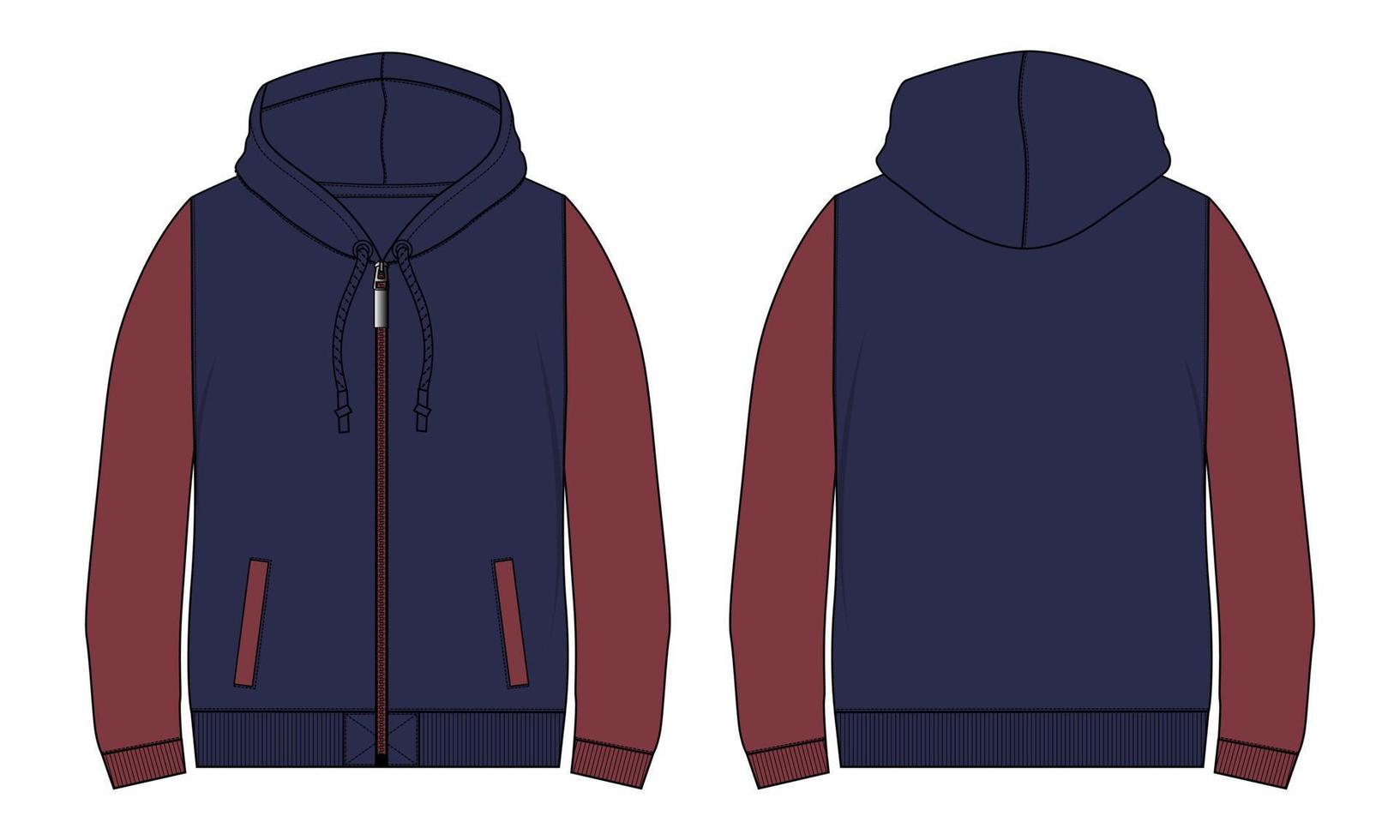 Long sleeve hoodie With zipper and pocket Technical fashion flat sketch vector illustration template Front and back views. Clothing sweater jacket Mock up Cad.