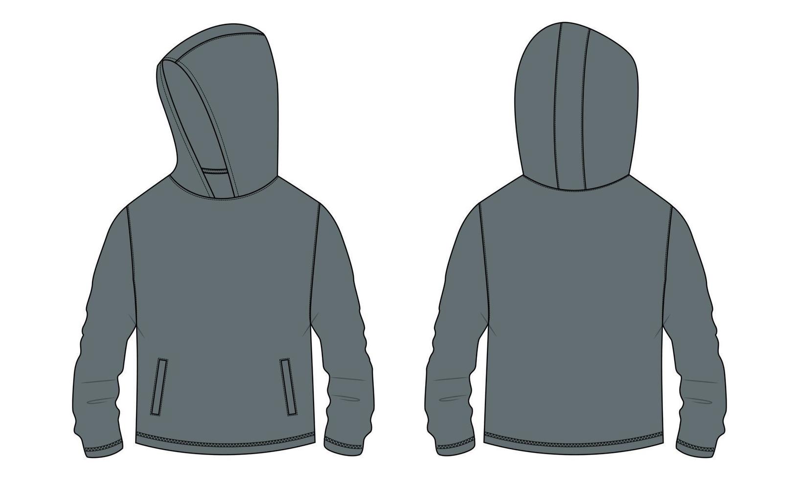 Long sleeve hoodie with Zipper technical fashion Drawing sketch template front and back view. apparel dress design vector illustration mock up jacket CAD.