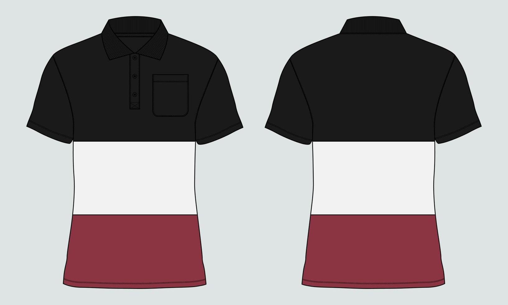 Short Sleeve Polo shirt with cut and sew Overall technical fashion flat sketch vector illustration template Front, back views. Apparel Clothing Design Mock up Polo t shirt CAD.