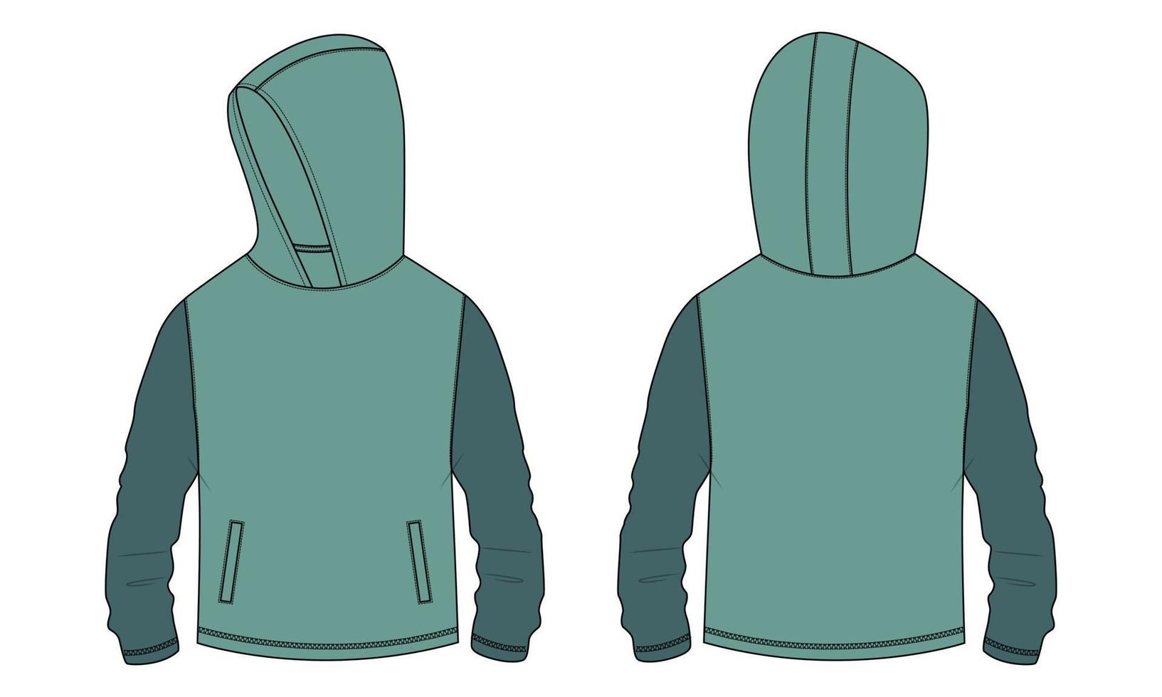 Long sleeve hoodie with Zipper technical fashion Drawing sketch template front and back view. apparel dress design vector illustration mock up jacket CAD.