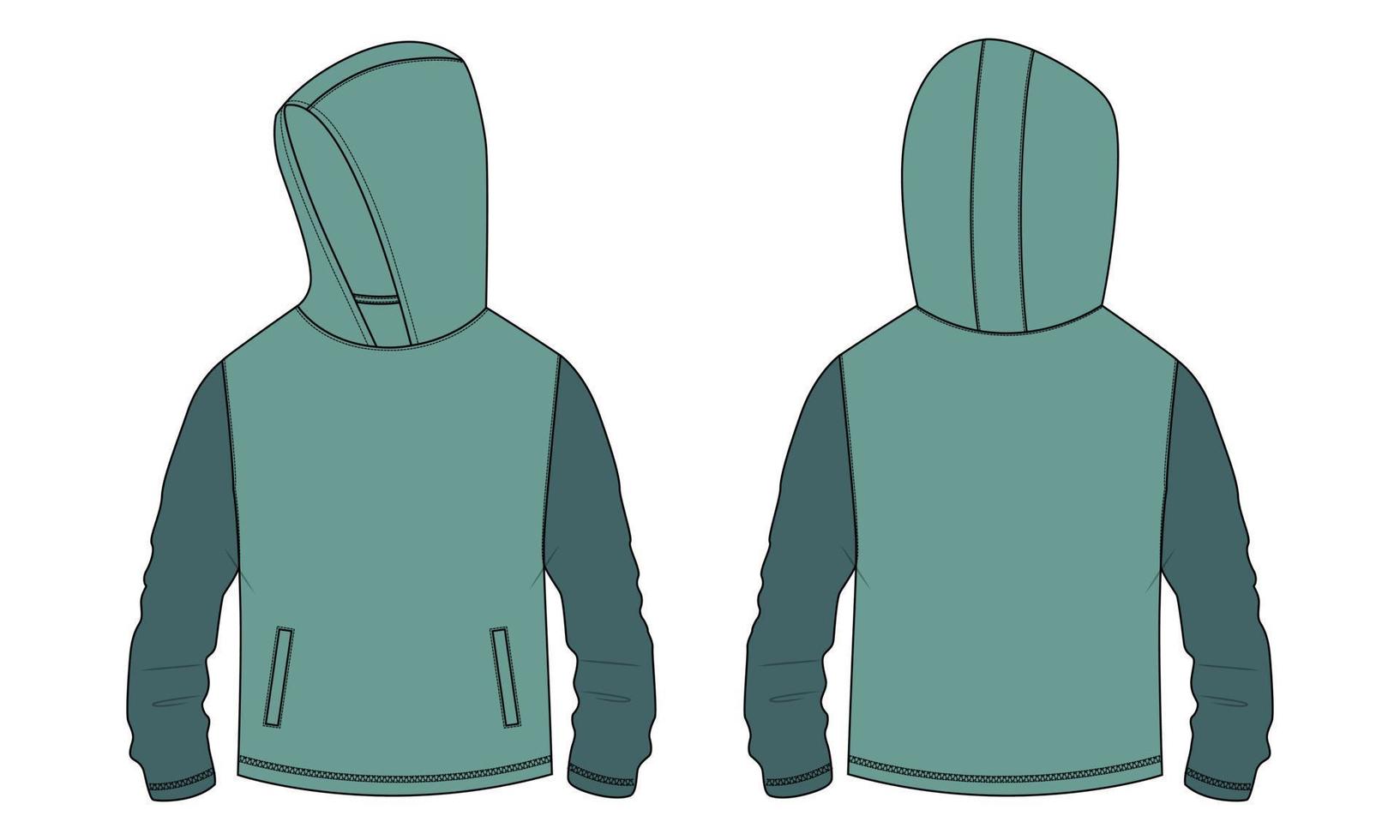 sudadera con capucha de manga larga con cremallera vista frontal y trasera de la plantilla de dibujo técnico de moda. ropa vestido diseño ilustración vectorial maqueta chaqueta cad. vector