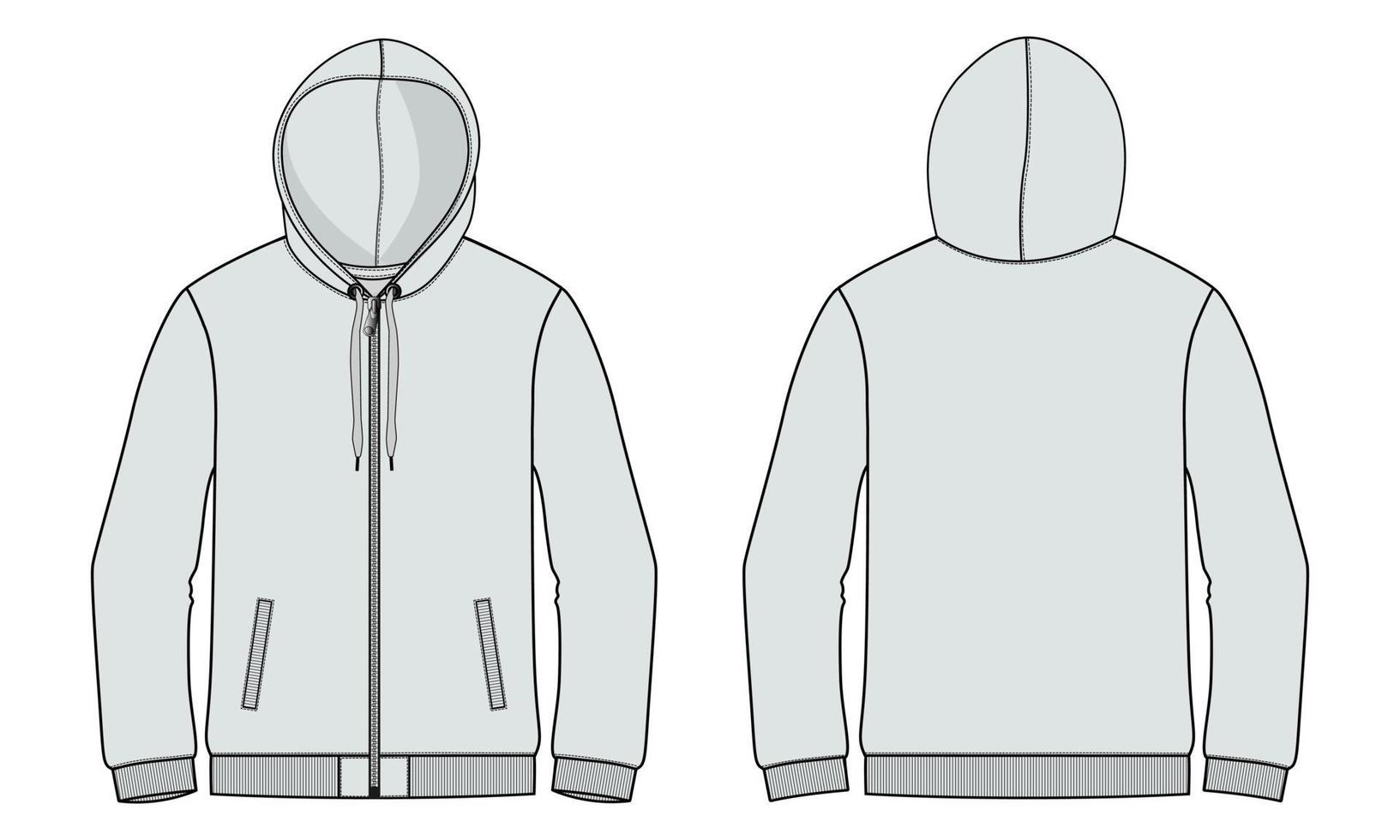 sudadera con capucha de manga larga con cremallera y bolsillo vista frontal y posterior de la plantilla de ilustración vectorial de boceto plano de moda técnica. ropa suéter chaqueta maqueta cad. vector