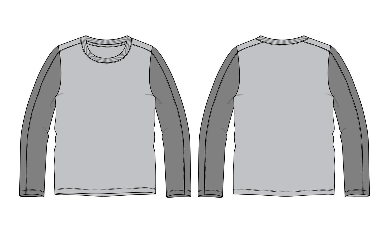 Long sleeve round neck Technical Sketch flat fashion T-shirt front and back view . Apparel dress design CAD Mock up Vector Illustration template.