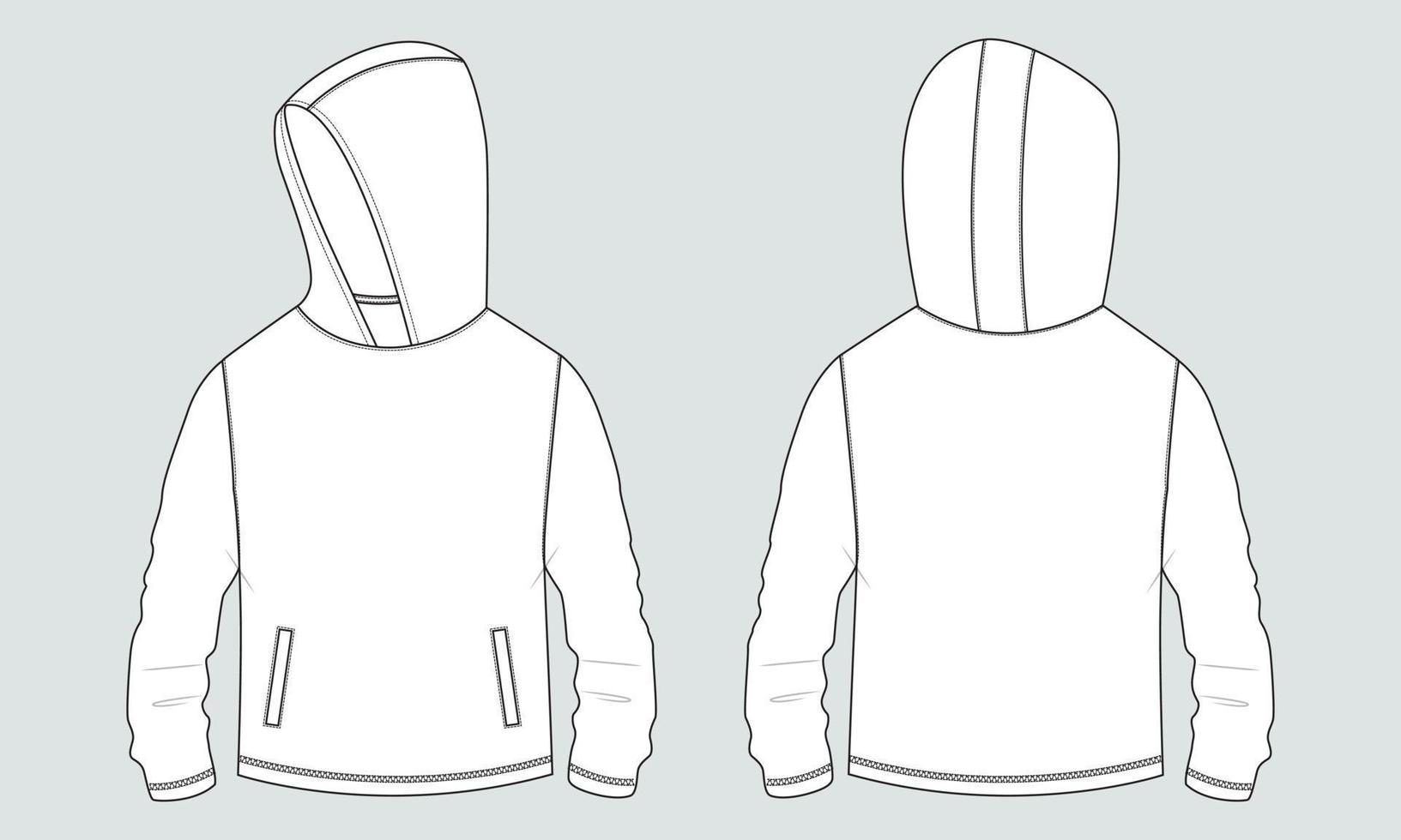 sudadera con capucha de manga larga con cremallera vista frontal y trasera de la plantilla de dibujo técnico de moda. ropa vestido diseño ilustración vectorial maqueta chaqueta cad. vector