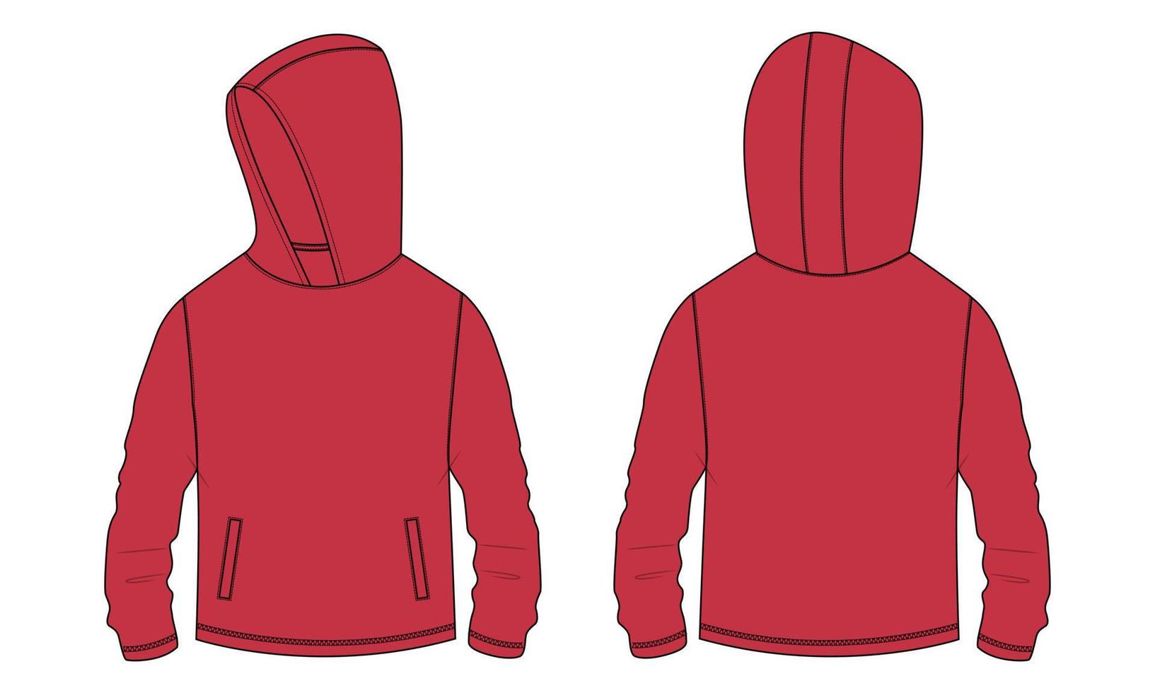 sudadera con capucha de manga larga con cremallera vista frontal y trasera de la plantilla de dibujo técnico de moda. ropa vestido diseño ilustración vectorial maqueta chaqueta cad. vector