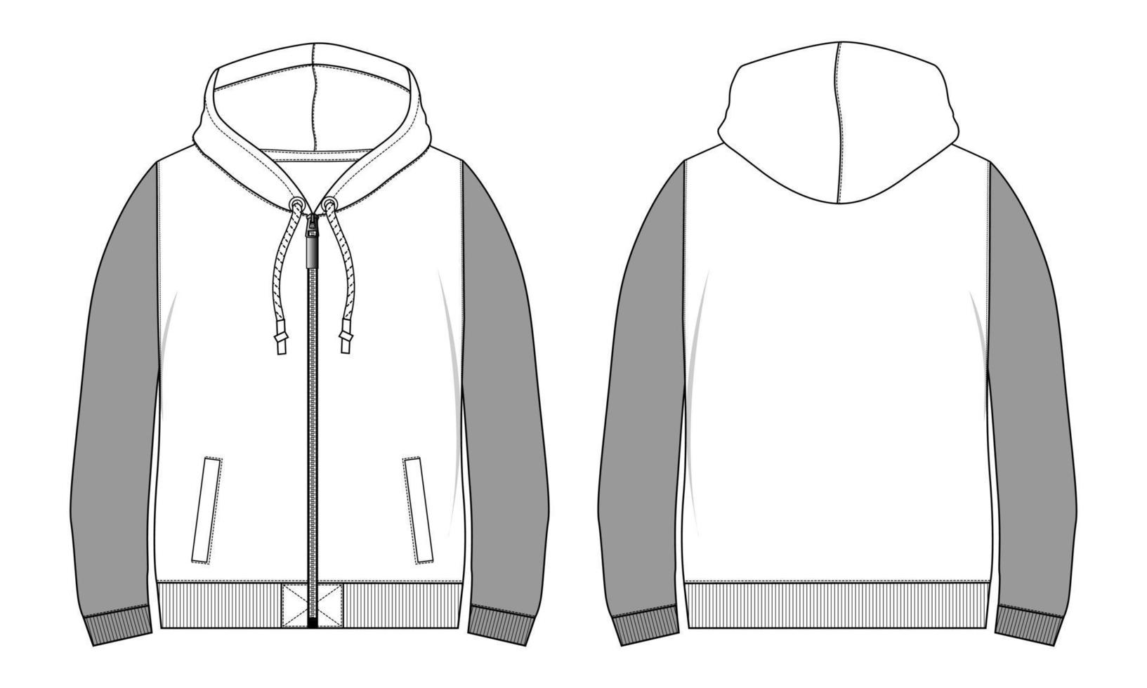 Long sleeve hoodie With zipper and pocket Technical fashion flat sketch vector illustration template Front and back views. Clothing sweater jacket Mock up Cad.