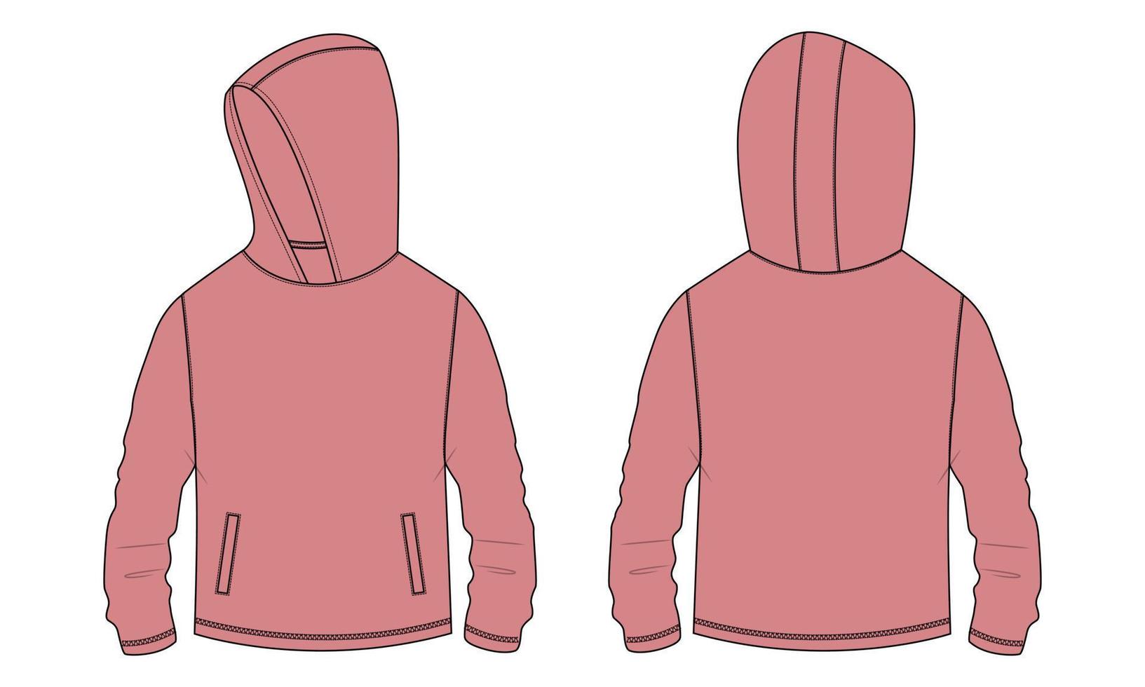 sudadera con capucha de manga larga con cremallera vista frontal y trasera de la plantilla de dibujo técnico de moda. ropa vestido diseño ilustración vectorial maqueta chaqueta cad. vector