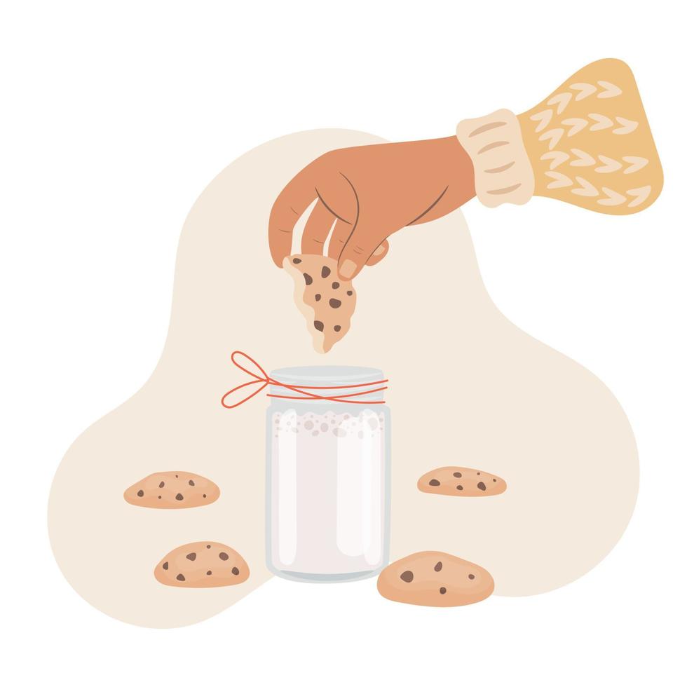 Woman hand dipping cookie in the milk vector