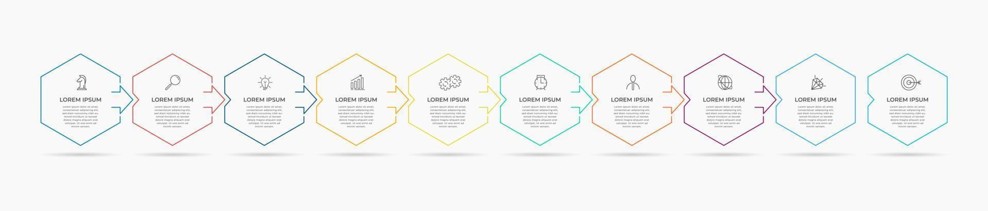 Business Infographics template. Timeline with 10 steps, options and marketing icons .Vector linear infographic with two circle conected elements. Can be use for presentation. vector