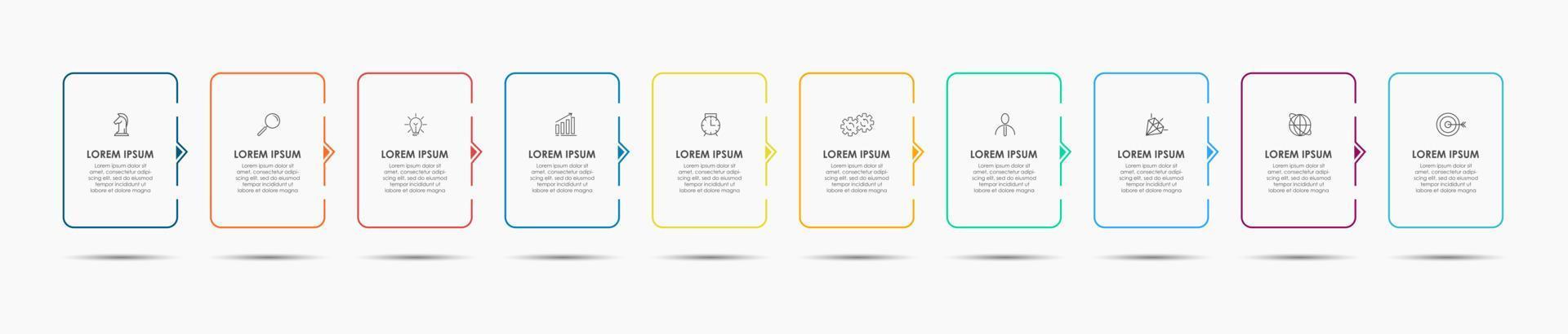 Business Infographics template. Timeline with 10 steps, options and marketing icons .Vector linear infographic with two circle conected elements. Can be use for presentation. vector