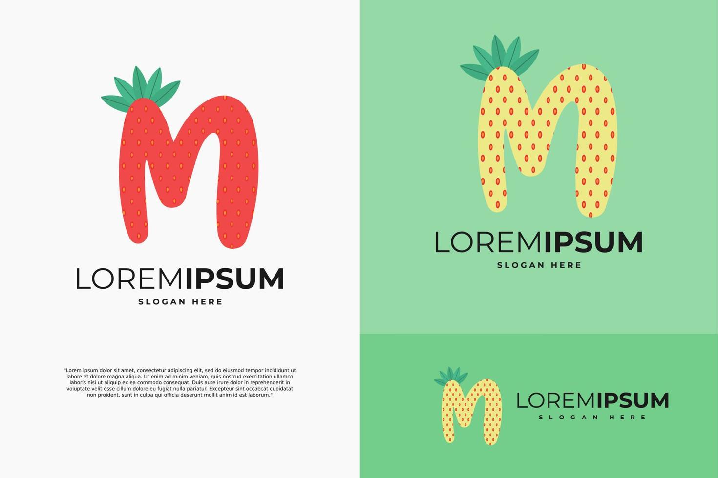 Letter m in strawberry style with green leaves vector