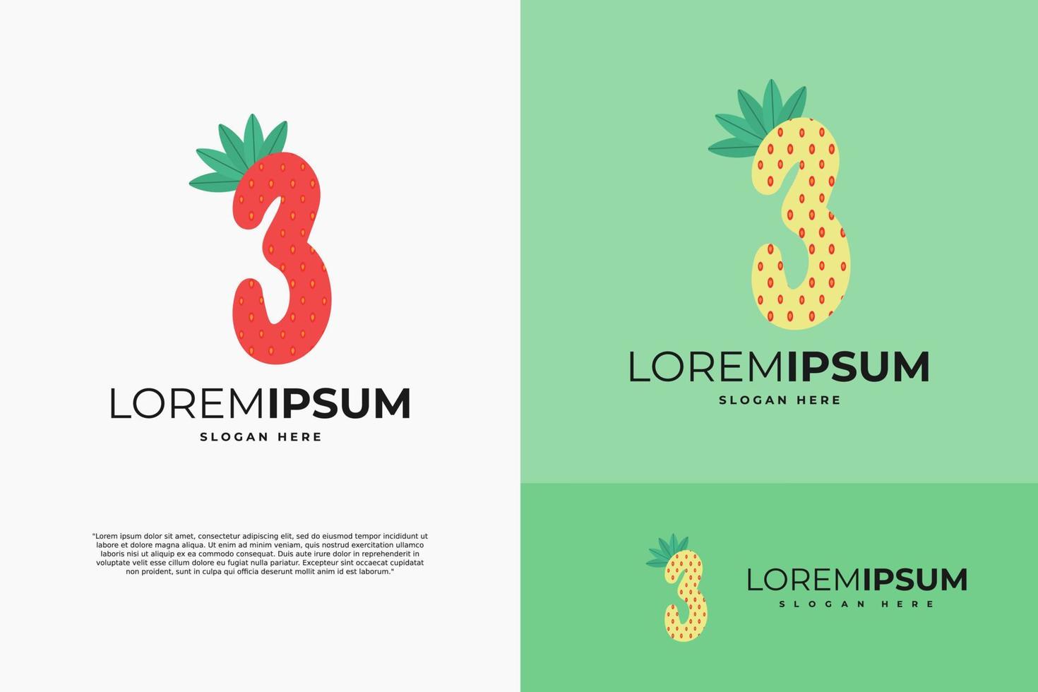 number 3 in strawberry style with green leaves vector