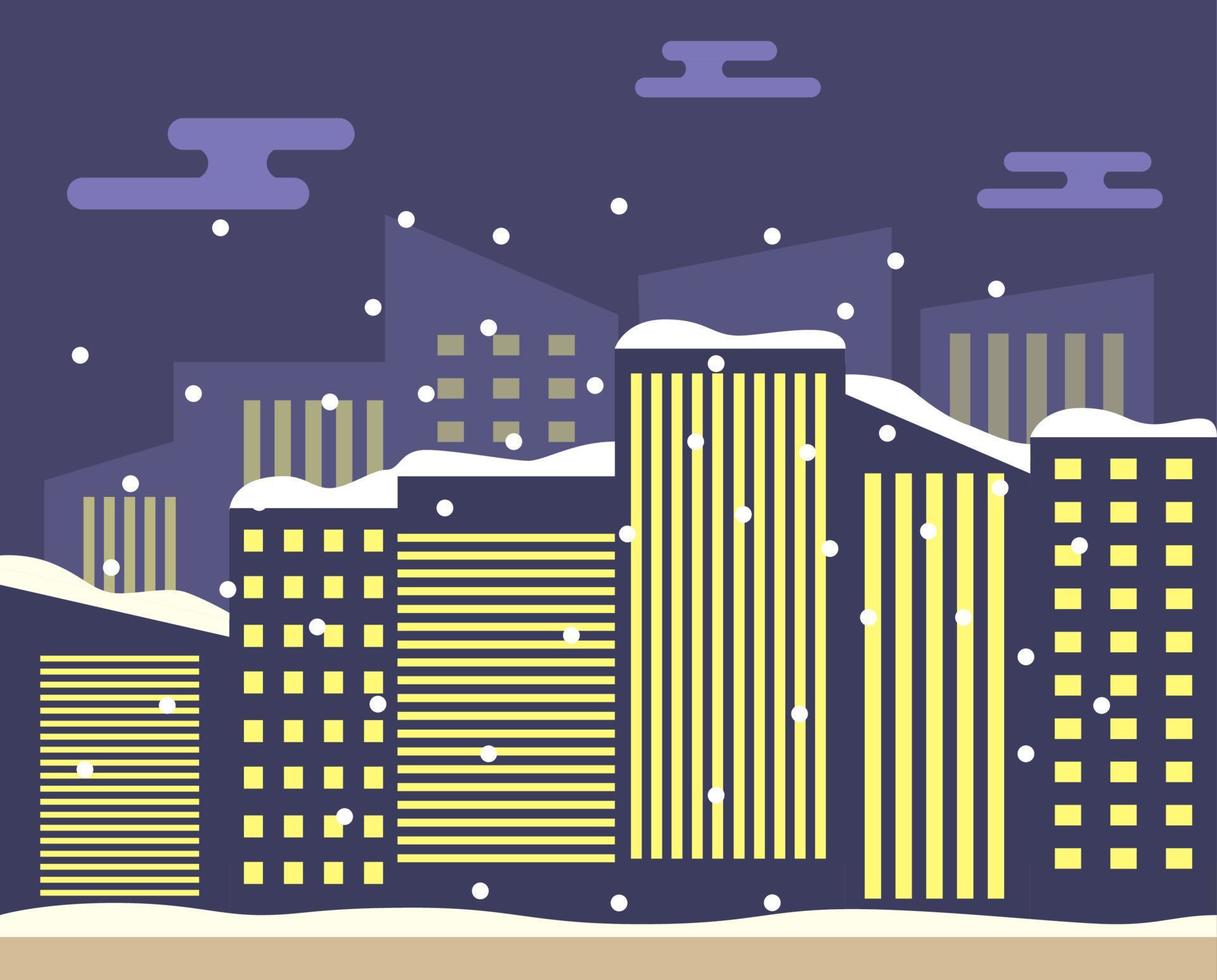 Winter night city landscape snowfall from sky and skyscrapers with roofs in snow.Urban of the building.A concept of design of a banner for the website.In flat vector.Downtown with road and sidewalk. vector