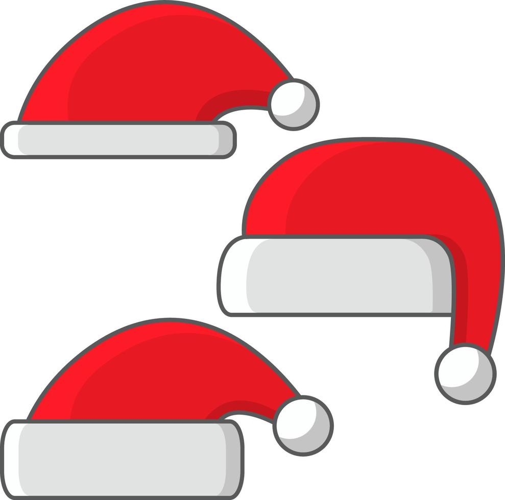 Christmas hats of Santa Claus with a red fringe. A clothes element for a holiday celebration for the head. In flat style a vector a linear art.Isolated on a white background.