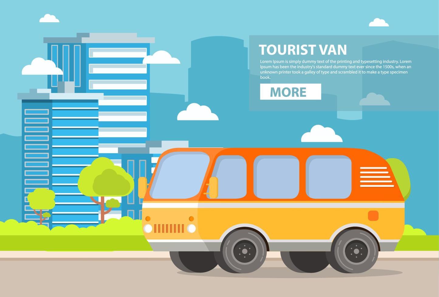 City landscape with buildings of skyscrapers and the road on which the retro the vintage van goes tourist. The vehicle for road trips. In flat style a vector. With trees and bushes. vector