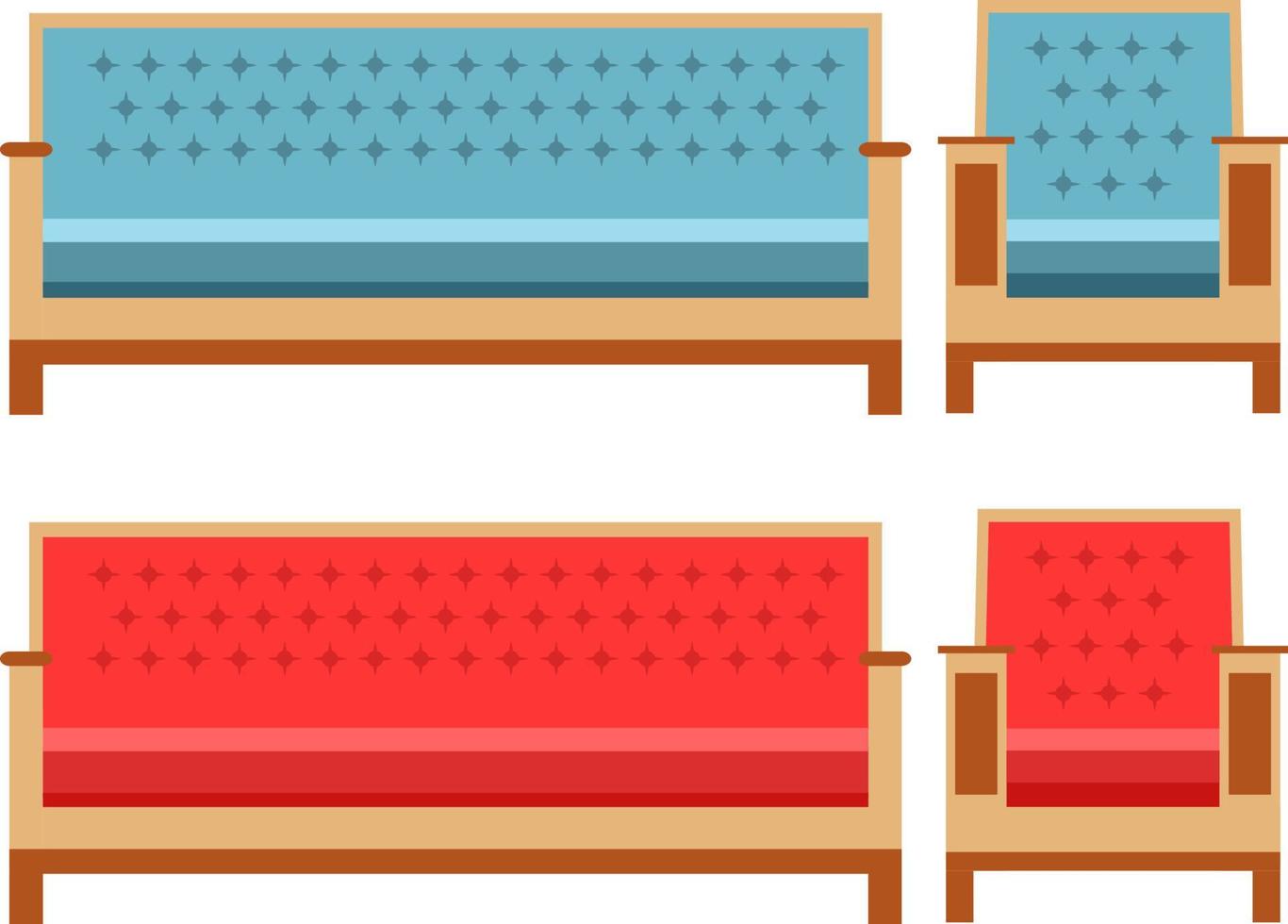 Set of design furniture for the state muddy room. A sofa and a chair with a back. An icon for the websites an element of an interior of the house or apartment. In flat style a vector.Wooden legs vector