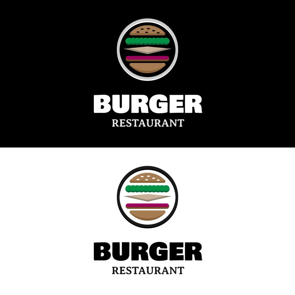 Burger restaurant fast food vintage logo design with bread cheese lettuce and meat neatly arranged vector