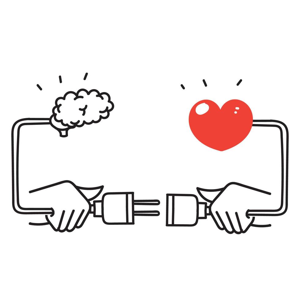 hand drawn doodle connect wire balance between heart and brain illustration vector