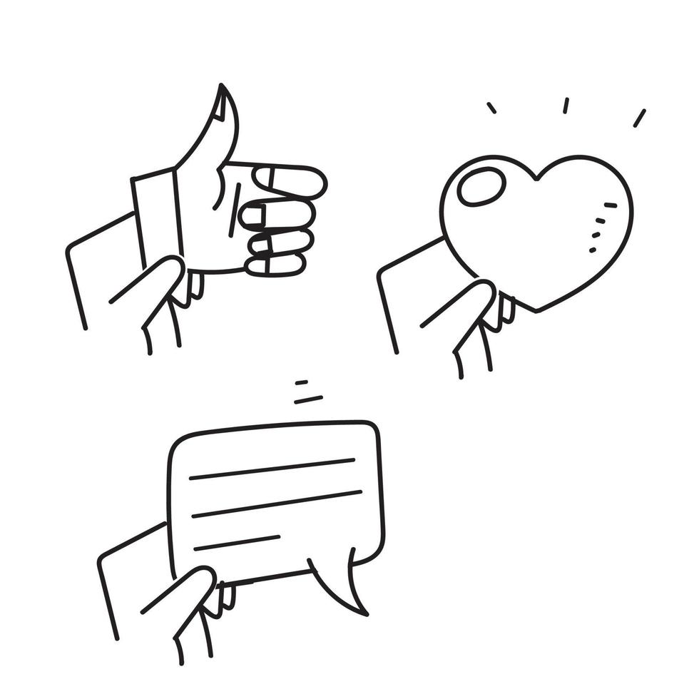 hand drawn doodle hand hold like comment for customer feedback illustration vector