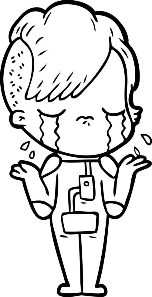cartoon crying girl wearing space clothes vector