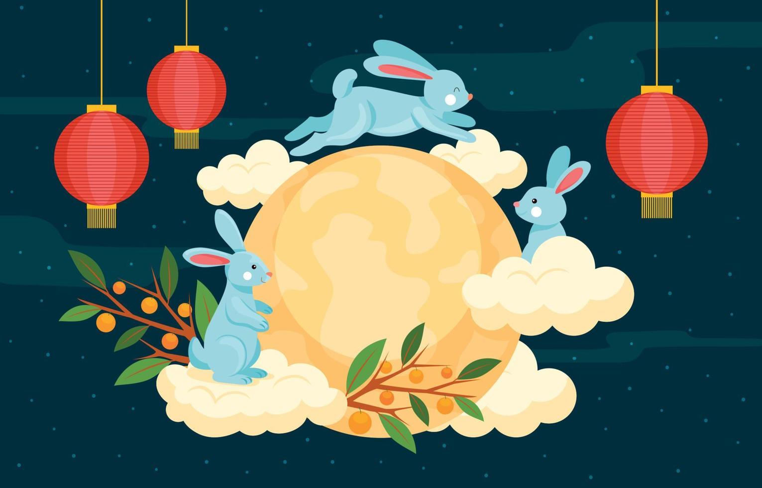 Happy Mid Autumn With Bunny and Full moon vector